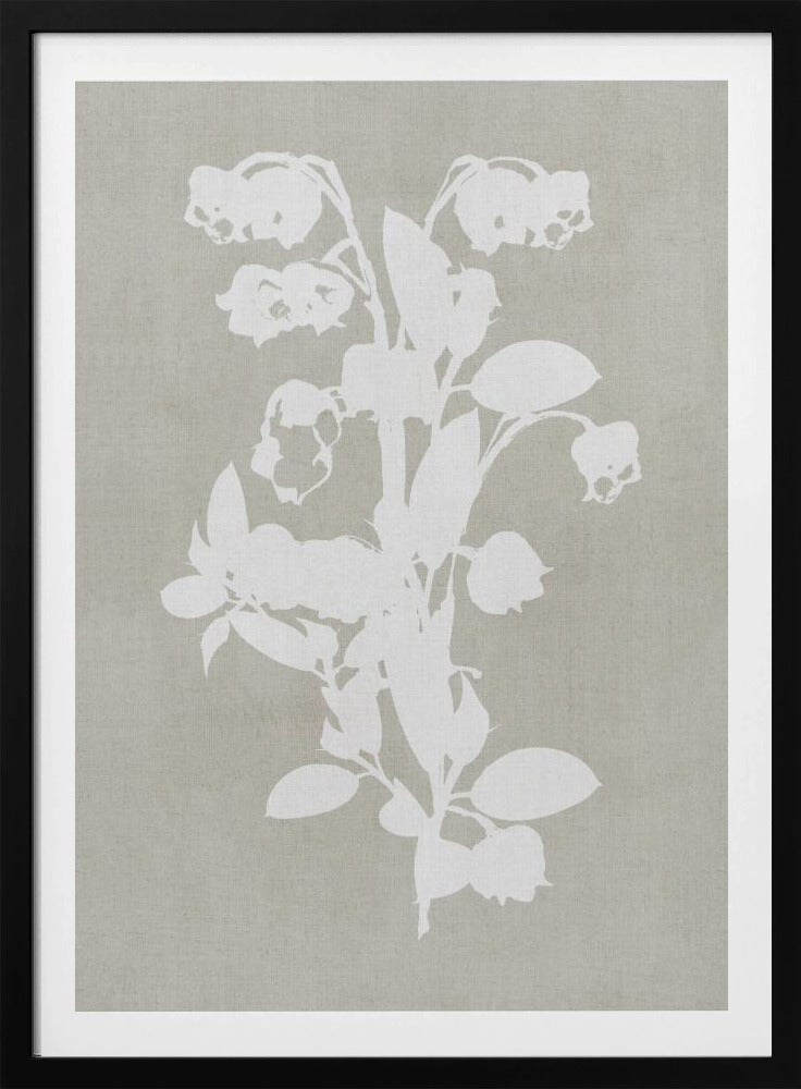 A minimalist botanical artwork in a black frame, showing a white silhouette of a Lily of the Valley stalk against a muted, textured grey-beige background. Wall Art