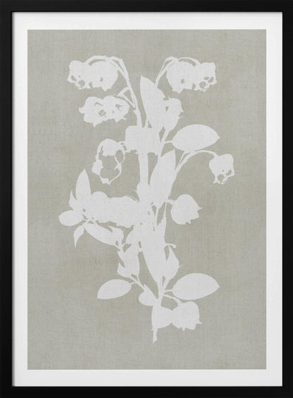 A minimalist botanical artwork in a black frame, showing a white silhouette of a Lily of the Valley stalk against a muted, textured grey-beige background. Wall Art