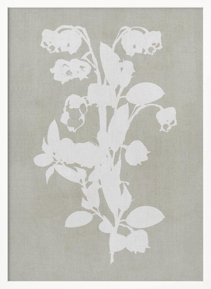 A minimalist botanical artwork in a black frame, showing a white silhouette of a Lily of the Valley stalk against a muted, textured grey-beige background. Wall Art