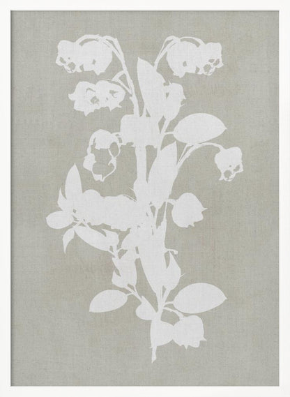 A minimalist botanical artwork in a black frame, showing a white silhouette of a Lily of the Valley stalk against a muted, textured grey-beige background. Wall Art