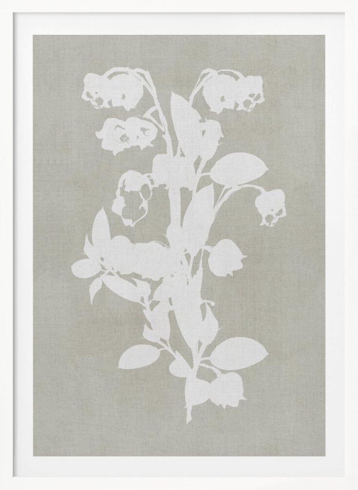 A minimalist botanical artwork in a black frame, showing a white silhouette of a Lily of the Valley stalk against a muted, textured grey-beige background. Wall Art