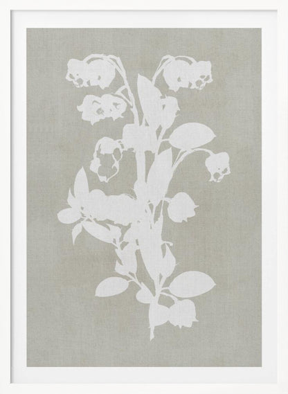 A minimalist botanical artwork in a black frame, showing a white silhouette of a Lily of the Valley stalk against a muted, textured grey-beige background. Wall Art
