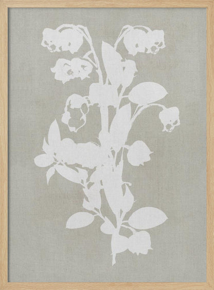 A minimalist botanical artwork in a black frame, showing a white silhouette of a Lily of the Valley stalk against a muted, textured grey-beige background. Wall Art