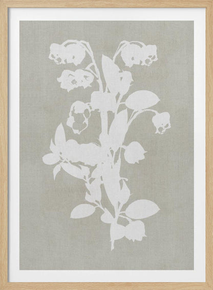 A minimalist botanical artwork in a black frame, showing a white silhouette of a Lily of the Valley stalk against a muted, textured grey-beige background. Wall Art