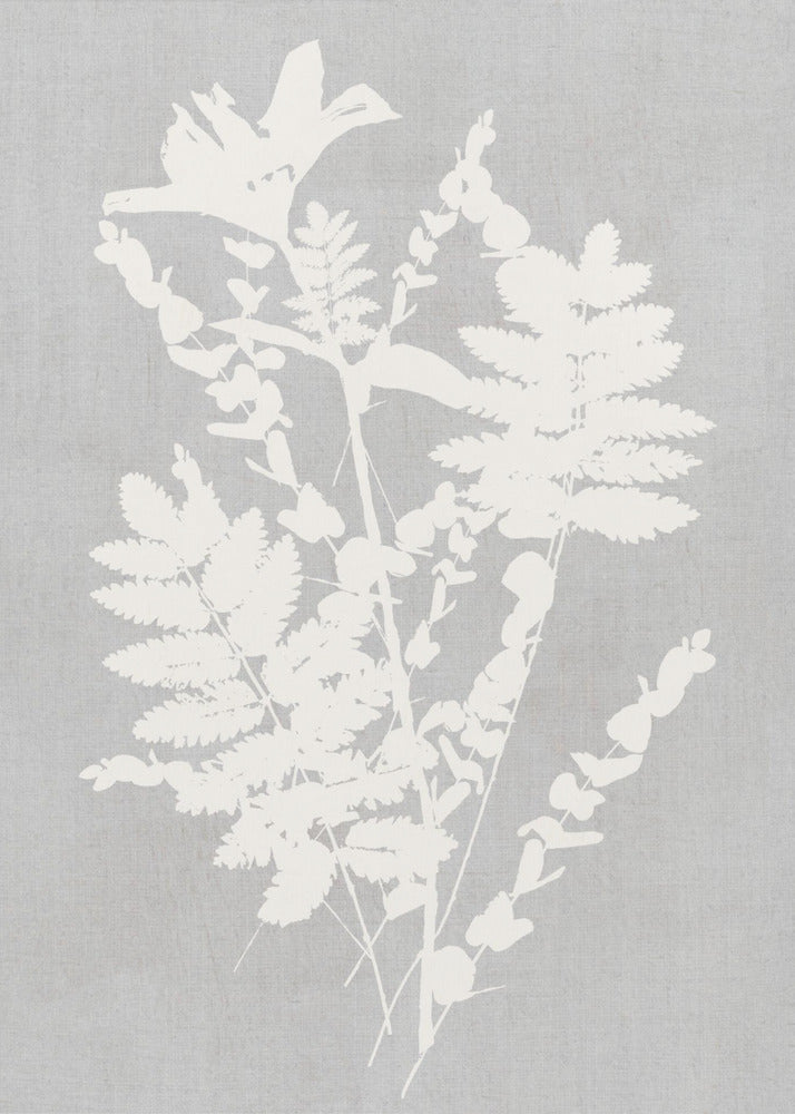 A framed artwork featuring a white silhouette of a botanical arrangement with ferns, flowers, and leaves against a textured light grey background. Decor