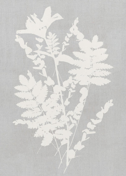 A framed artwork featuring a white silhouette of a botanical arrangement with ferns, flowers, and leaves against a textured light grey background. Decor