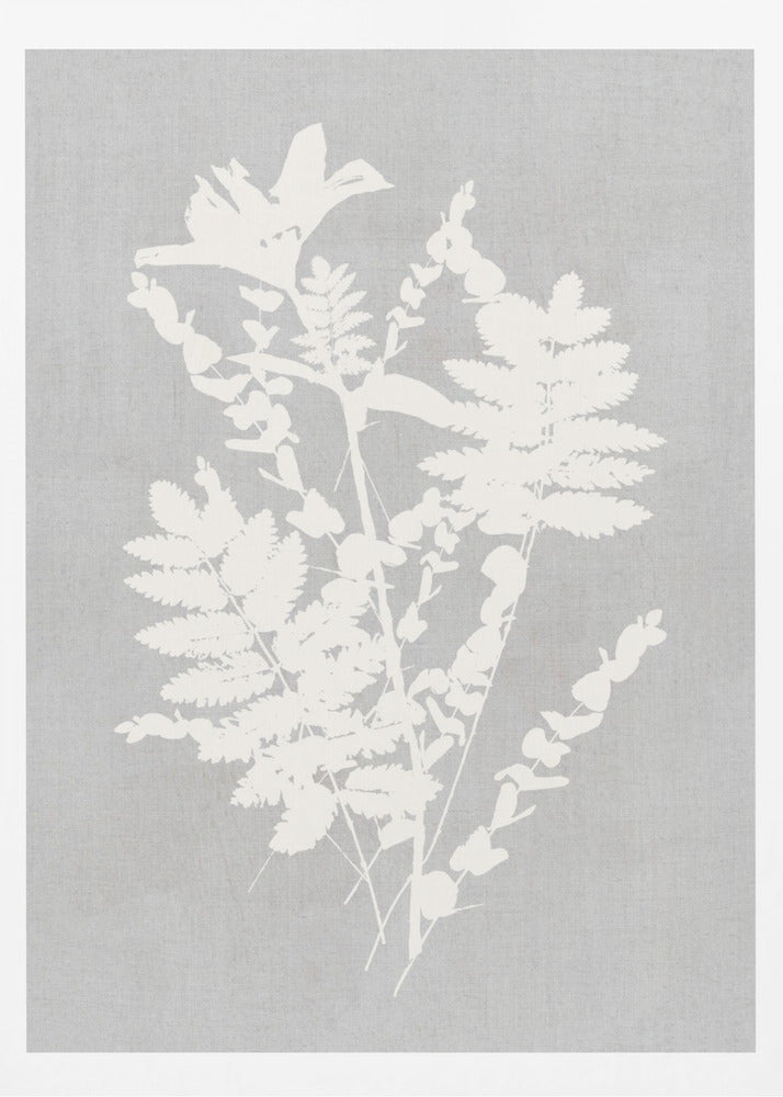 A framed artwork featuring a white silhouette of a botanical arrangement with ferns, flowers, and leaves against a textured light grey background. Decor