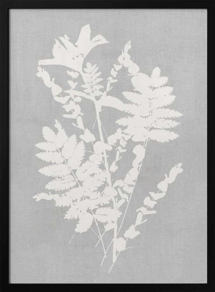 A framed artwork featuring a white silhouette of a botanical arrangement with ferns, flowers, and leaves against a textured light grey background. Decor