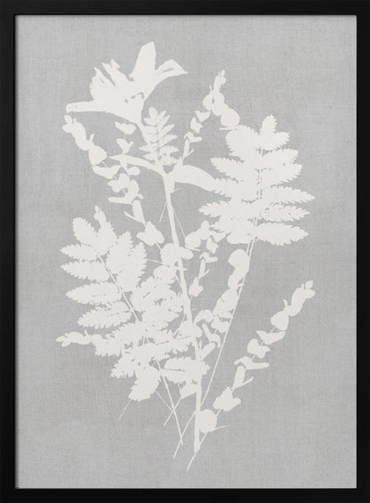 A framed artwork featuring a white silhouette of a botanical arrangement with ferns, flowers, and leaves against a textured light grey background. Decor