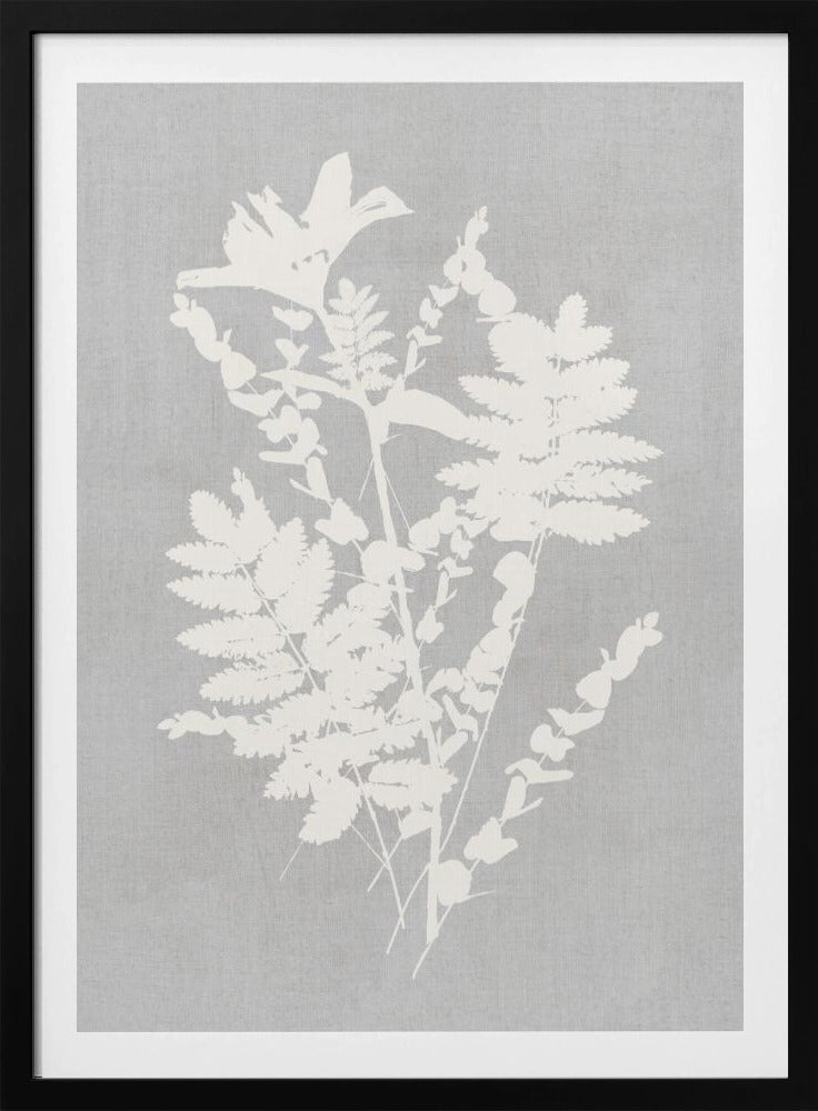 A framed artwork featuring a white silhouette of a botanical arrangement with ferns, flowers, and leaves against a textured light grey background. Decor