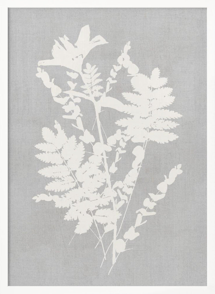 A framed artwork featuring a white silhouette of a botanical arrangement with ferns, flowers, and leaves against a textured light grey background. Decor