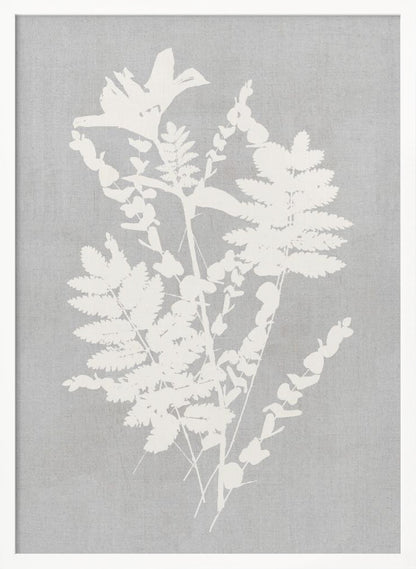 A framed artwork featuring a white silhouette of a botanical arrangement with ferns, flowers, and leaves against a textured light grey background. Decor