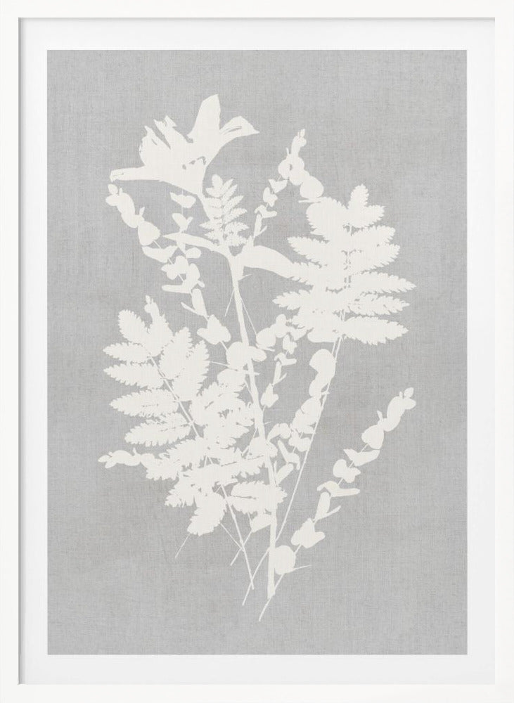 A framed artwork featuring a white silhouette of a botanical arrangement with ferns, flowers, and leaves against a textured light grey background. Decor
