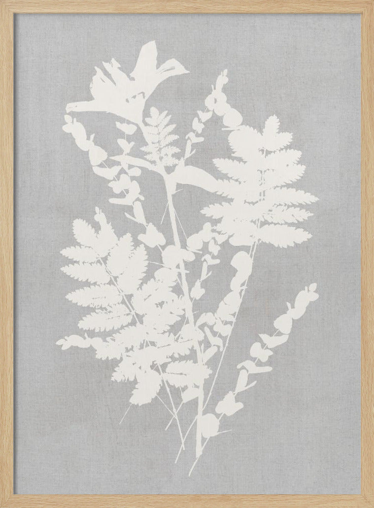 A framed artwork featuring a white silhouette of a botanical arrangement with ferns, flowers, and leaves against a textured light grey background. Decor