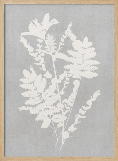 A framed artwork featuring a white silhouette of a botanical arrangement with ferns, flowers, and leaves against a textured light grey background. Decor
