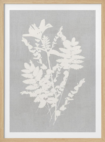 A framed artwork featuring a white silhouette of a botanical arrangement with ferns, flowers, and leaves against a textured light grey background. Decor