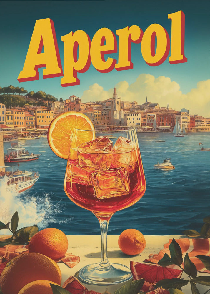 A vintage-style poster advertising Aperol, featuring a close-up of a vibrant orange Aperol Spritz cocktail in a large wine glass, garnished with an orange slice. In the background, a picturesque Italian coastal town sits by a deep blue sea with boats, under a sunny sky with fluffy clouds. The word 'Aperol' is written in large, bold yellow letters at the top. Print