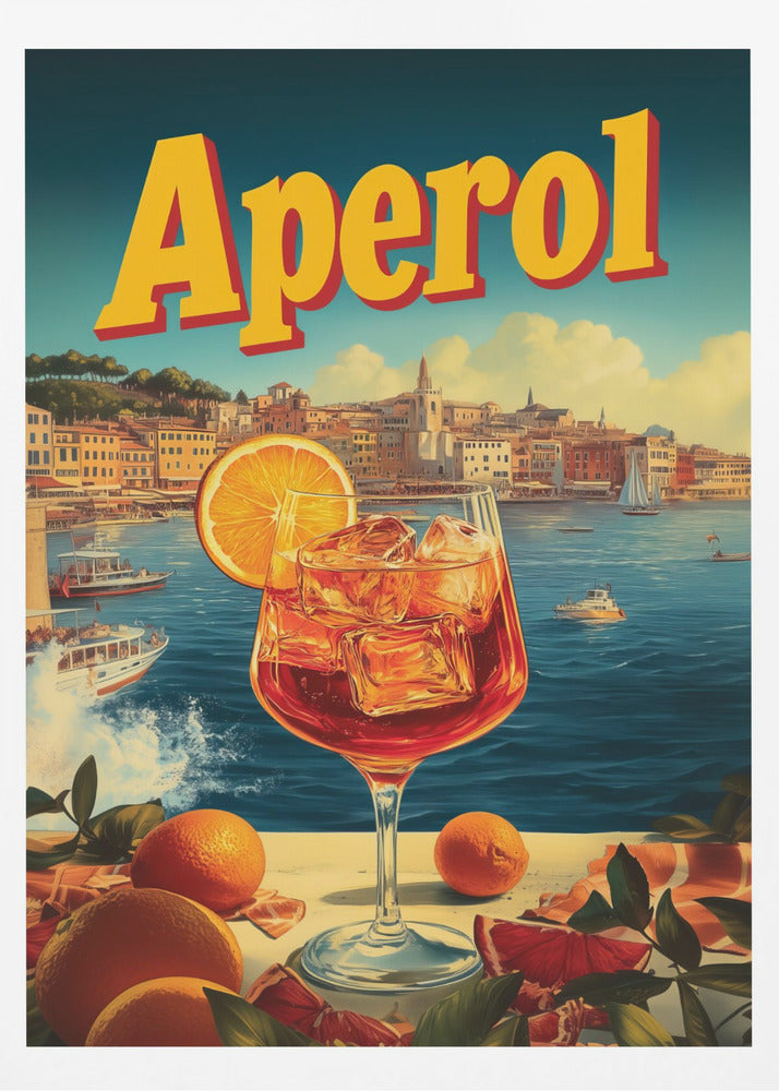 A vintage-style poster advertising Aperol, featuring a close-up of a vibrant orange Aperol Spritz cocktail in a large wine glass, garnished with an orange slice. In the background, a picturesque Italian coastal town sits by a deep blue sea with boats, under a sunny sky with fluffy clouds. The word 'Aperol' is written in large, bold yellow letters at the top. Print