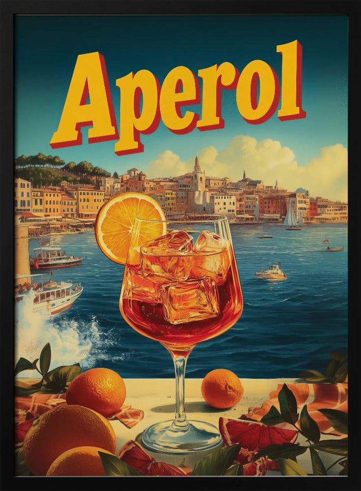 A vintage-style poster advertising Aperol, featuring a close-up of a vibrant orange Aperol Spritz cocktail in a large wine glass, garnished with an orange slice. In the background, a picturesque Italian coastal town sits by a deep blue sea with boats, under a sunny sky with fluffy clouds. The word 'Aperol' is written in large, bold yellow letters at the top. Print
