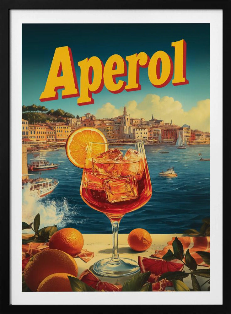 A vintage-style poster advertising Aperol, featuring a close-up of a vibrant orange Aperol Spritz cocktail in a large wine glass, garnished with an orange slice. In the background, a picturesque Italian coastal town sits by a deep blue sea with boats, under a sunny sky with fluffy clouds. The word 'Aperol' is written in large, bold yellow letters at the top. Print