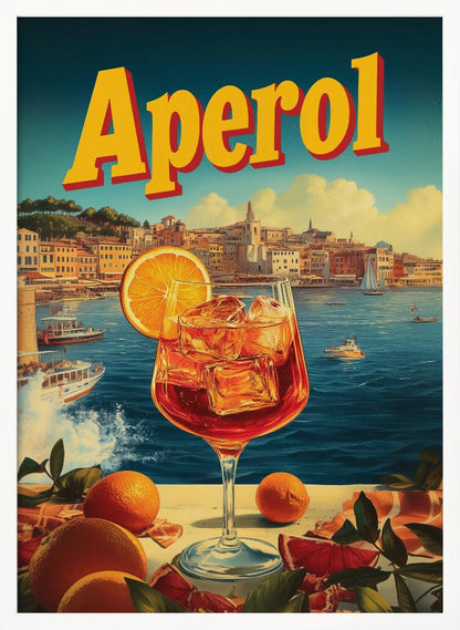 A vintage-style poster advertising Aperol, featuring a close-up of a vibrant orange Aperol Spritz cocktail in a large wine glass, garnished with an orange slice. In the background, a picturesque Italian coastal town sits by a deep blue sea with boats, under a sunny sky with fluffy clouds. The word 'Aperol' is written in large, bold yellow letters at the top. Print