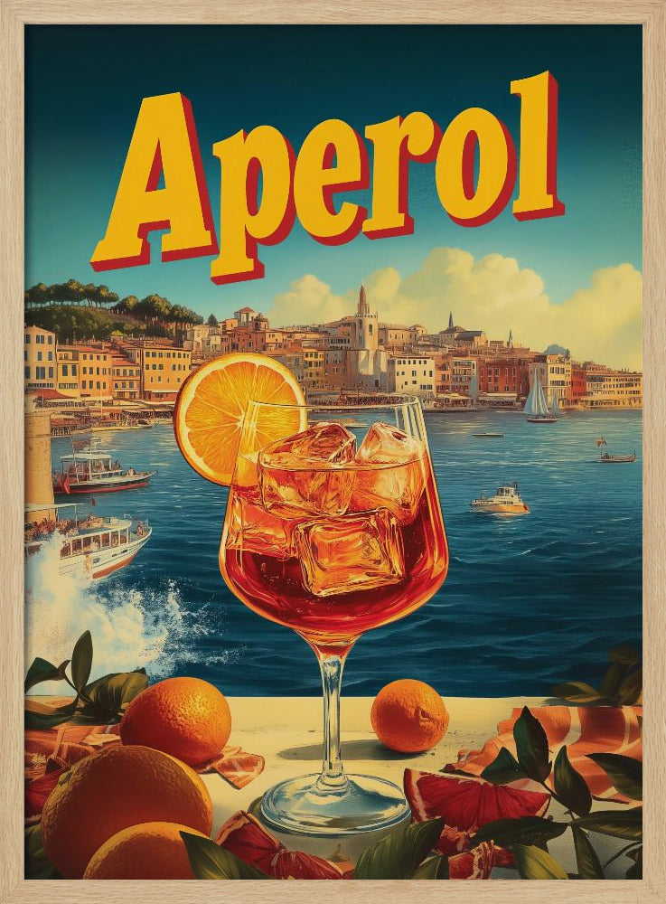 A vintage-style poster advertising Aperol, featuring a close-up of a vibrant orange Aperol Spritz cocktail in a large wine glass, garnished with an orange slice. In the background, a picturesque Italian coastal town sits by a deep blue sea with boats, under a sunny sky with fluffy clouds. The word 'Aperol' is written in large, bold yellow letters at the top. Print