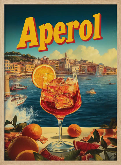 A vintage-style poster advertising Aperol, featuring a close-up of a vibrant orange Aperol Spritz cocktail in a large wine glass, garnished with an orange slice. In the background, a picturesque Italian coastal town sits by a deep blue sea with boats, under a sunny sky with fluffy clouds. The word 'Aperol' is written in large, bold yellow letters at the top. Print