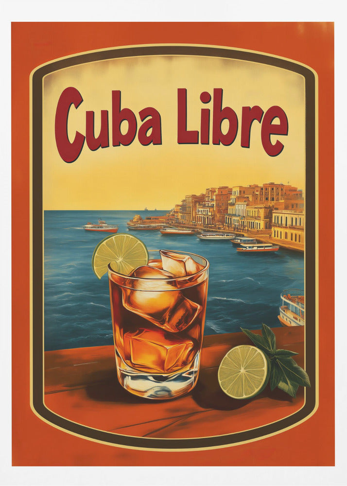 A vintage-style poster advertising a 'Cuba Libre' cocktail. In the foreground, a glass of the dark-colored drink with ice and a lime wedge sits on a wooden surface. In the background is a scenic view of a Cuban coastal city with boats in the blue harbor and a warm yellow sunset sky. Wall Art