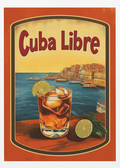 A vintage-style poster advertising a 'Cuba Libre' cocktail. In the foreground, a glass of the dark-colored drink with ice and a lime wedge sits on a wooden surface. In the background is a scenic view of a Cuban coastal city with boats in the blue harbor and a warm yellow sunset sky. Wall Art
