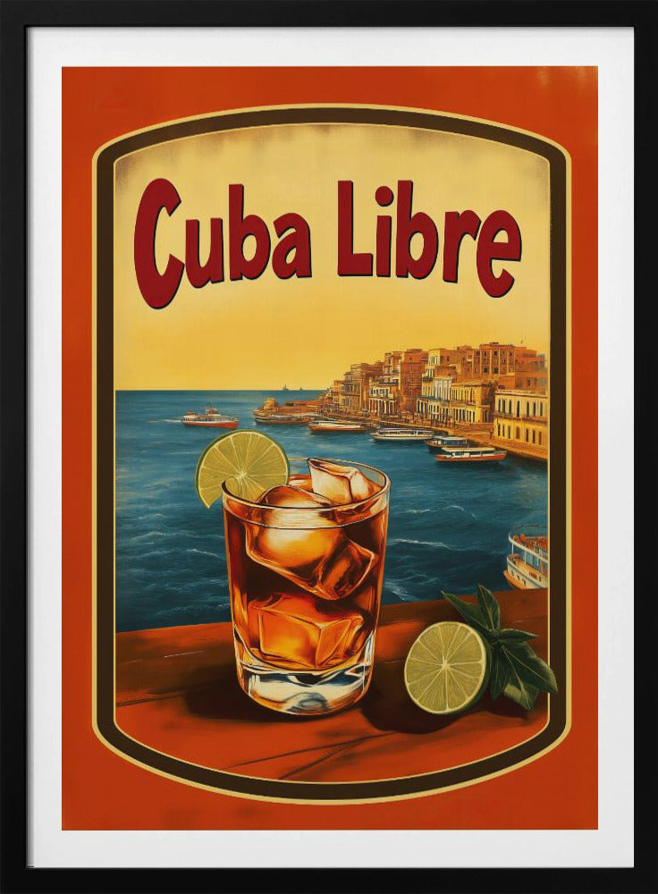 A vintage-style poster advertising a 'Cuba Libre' cocktail. In the foreground, a glass of the dark-colored drink with ice and a lime wedge sits on a wooden surface. In the background is a scenic view of a Cuban coastal city with boats in the blue harbor and a warm yellow sunset sky. Wall Art