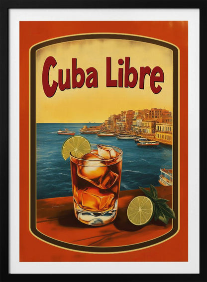 A vintage-style poster advertising a 'Cuba Libre' cocktail. In the foreground, a glass of the dark-colored drink with ice and a lime wedge sits on a wooden surface. In the background is a scenic view of a Cuban coastal city with boats in the blue harbor and a warm yellow sunset sky. Wall Art