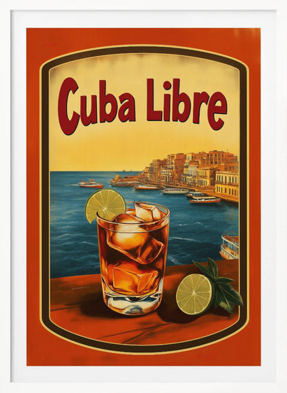 A vintage-style poster advertising a 'Cuba Libre' cocktail. In the foreground, a glass of the dark-colored drink with ice and a lime wedge sits on a wooden surface. In the background is a scenic view of a Cuban coastal city with boats in the blue harbor and a warm yellow sunset sky. Wall Art