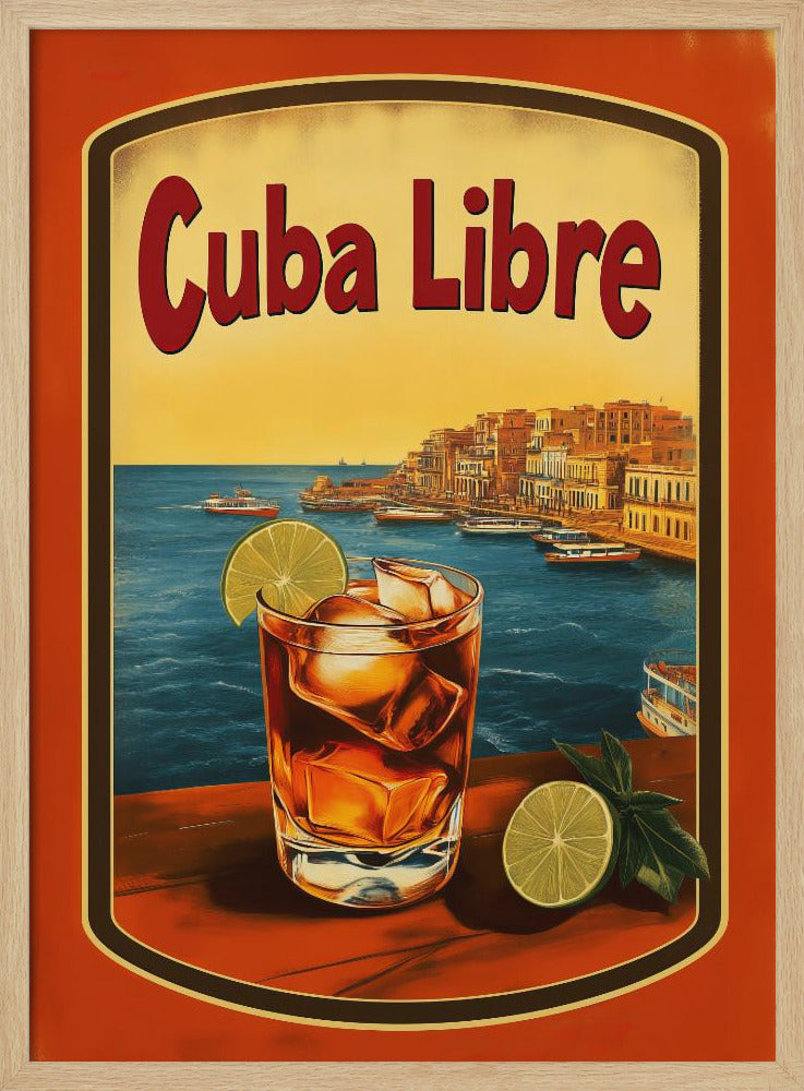 A vintage-style poster advertising a 'Cuba Libre' cocktail. In the foreground, a glass of the dark-colored drink with ice and a lime wedge sits on a wooden surface. In the background is a scenic view of a Cuban coastal city with boats in the blue harbor and a warm yellow sunset sky. Wall Art