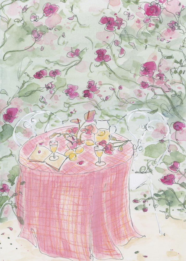 A whimsical watercolor illustration of a romantic garden scene. A table for two is set with a pink plaid tablecloth, glasses of wine, and scattered flowers, surrounded by white chairs and a backdrop of climbing pink roses. Poster