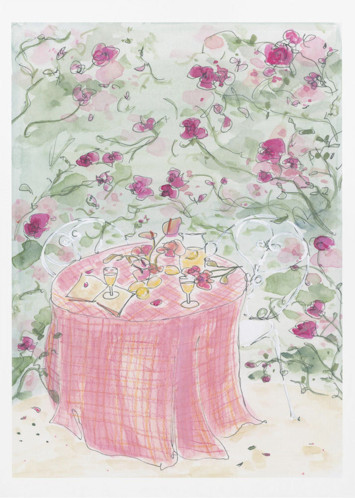 A whimsical watercolor illustration of a romantic garden scene. A table for two is set with a pink plaid tablecloth, glasses of wine, and scattered flowers, surrounded by white chairs and a backdrop of climbing pink roses. Poster