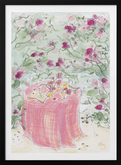 A whimsical watercolor illustration of a romantic garden scene. A table for two is set with a pink plaid tablecloth, glasses of wine, and scattered flowers, surrounded by white chairs and a backdrop of climbing pink roses. Poster