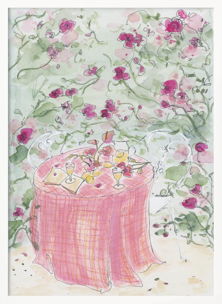A whimsical watercolor illustration of a romantic garden scene. A table for two is set with a pink plaid tablecloth, glasses of wine, and scattered flowers, surrounded by white chairs and a backdrop of climbing pink roses. Poster