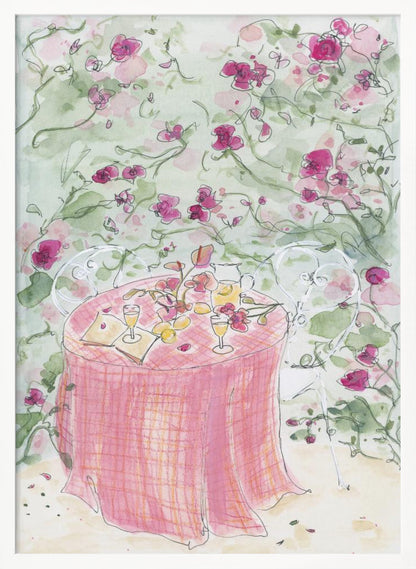 A whimsical watercolor illustration of a romantic garden scene. A table for two is set with a pink plaid tablecloth, glasses of wine, and scattered flowers, surrounded by white chairs and a backdrop of climbing pink roses. Poster