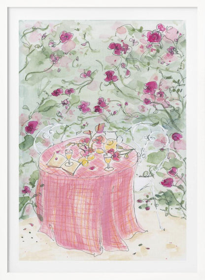 A whimsical watercolor illustration of a romantic garden scene. A table for two is set with a pink plaid tablecloth, glasses of wine, and scattered flowers, surrounded by white chairs and a backdrop of climbing pink roses. Poster