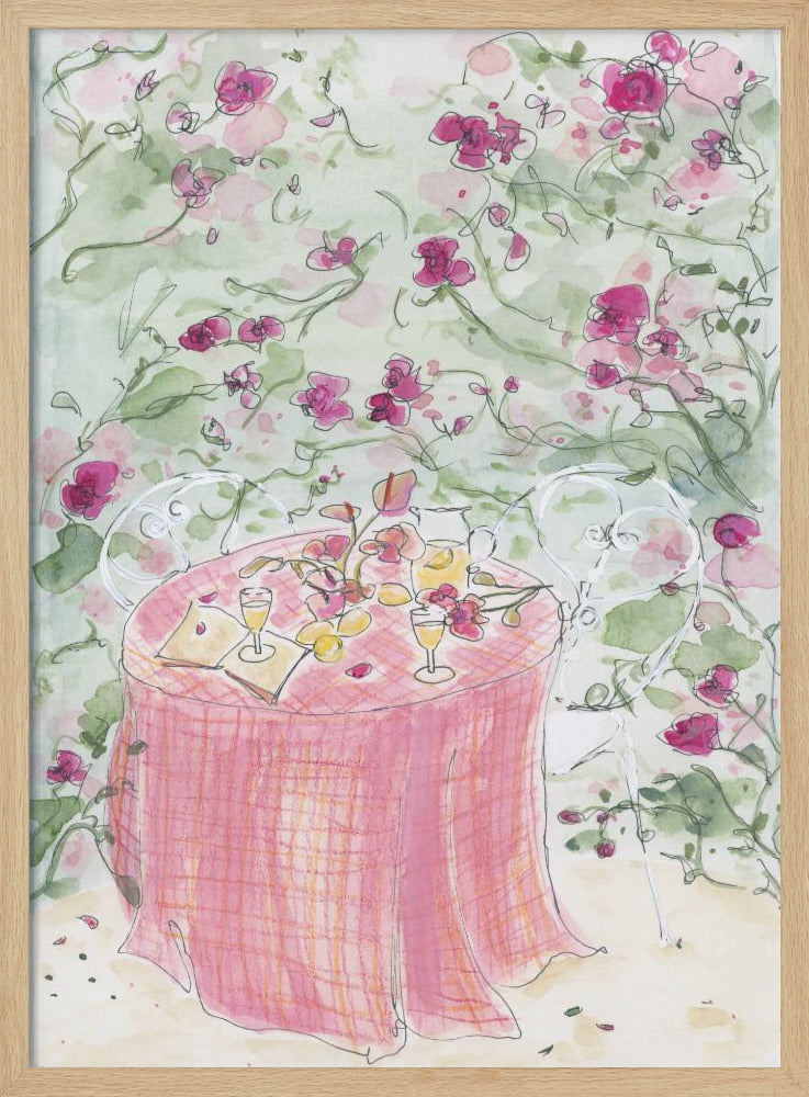 A whimsical watercolor illustration of a romantic garden scene. A table for two is set with a pink plaid tablecloth, glasses of wine, and scattered flowers, surrounded by white chairs and a backdrop of climbing pink roses. Poster