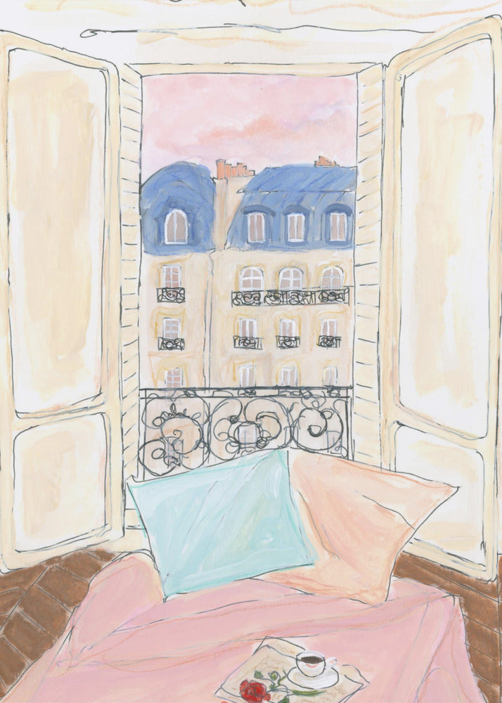 A watercolor illustration of a view from an open window in Paris. In the foreground, a cozy nook with a pink blanket, a blue pillow, a cup of coffee, and a red rose. Outside, traditional Parisian apartment buildings with blue mansard roofs are visible under a soft pink sky. Print