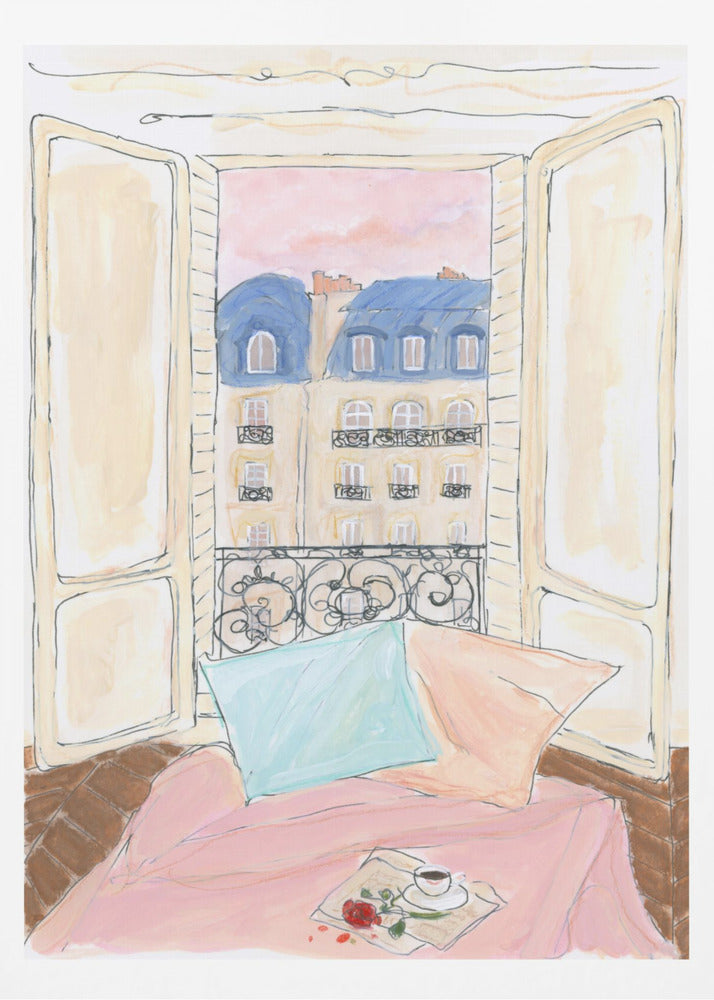 A watercolor illustration of a view from an open window in Paris. In the foreground, a cozy nook with a pink blanket, a blue pillow, a cup of coffee, and a red rose. Outside, traditional Parisian apartment buildings with blue mansard roofs are visible under a soft pink sky. Print