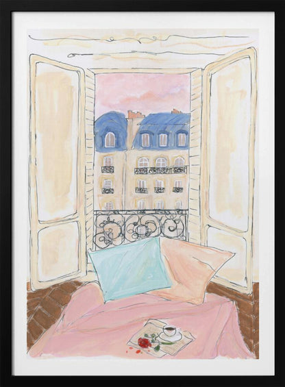 A watercolor illustration of a view from an open window in Paris. In the foreground, a cozy nook with a pink blanket, a blue pillow, a cup of coffee, and a red rose. Outside, traditional Parisian apartment buildings with blue mansard roofs are visible under a soft pink sky. Print