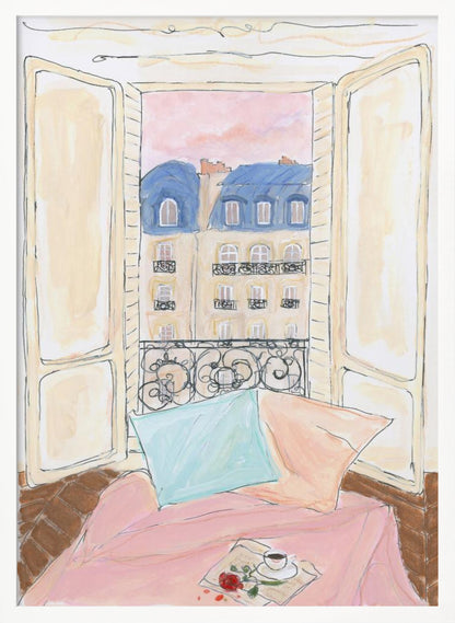 A watercolor illustration of a view from an open window in Paris. In the foreground, a cozy nook with a pink blanket, a blue pillow, a cup of coffee, and a red rose. Outside, traditional Parisian apartment buildings with blue mansard roofs are visible under a soft pink sky. Print