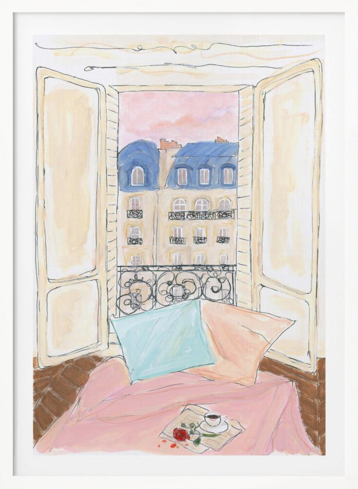 A watercolor illustration of a view from an open window in Paris. In the foreground, a cozy nook with a pink blanket, a blue pillow, a cup of coffee, and a red rose. Outside, traditional Parisian apartment buildings with blue mansard roofs are visible under a soft pink sky. Print