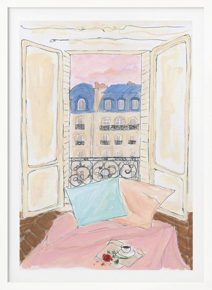 A watercolor illustration of a view from an open window in Paris. In the foreground, a cozy nook with a pink blanket, a blue pillow, a cup of coffee, and a red rose. Outside, traditional Parisian apartment buildings with blue mansard roofs are visible under a soft pink sky. Print