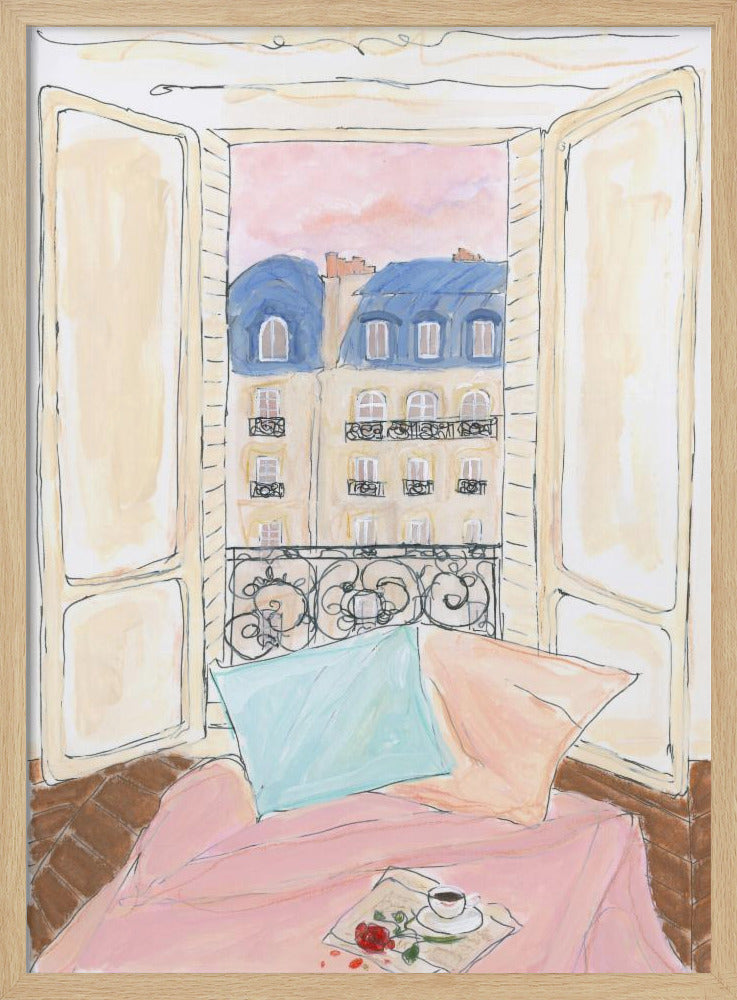 A watercolor illustration of a view from an open window in Paris. In the foreground, a cozy nook with a pink blanket, a blue pillow, a cup of coffee, and a red rose. Outside, traditional Parisian apartment buildings with blue mansard roofs are visible under a soft pink sky. Print