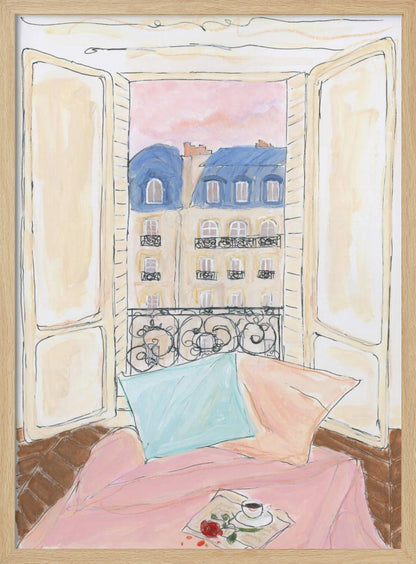 A watercolor illustration of a view from an open window in Paris. In the foreground, a cozy nook with a pink blanket, a blue pillow, a cup of coffee, and a red rose. Outside, traditional Parisian apartment buildings with blue mansard roofs are visible under a soft pink sky. Print