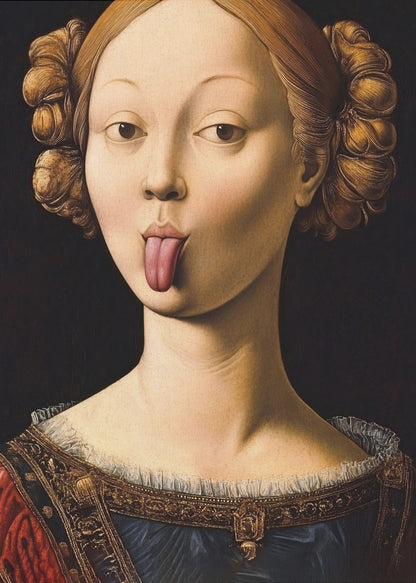 A Renaissance-style portrait of a woman with elaborate hair buns sticking her tongue out playfully. She wears a formal red and blue gown with gold trim against a stark black background. Poster