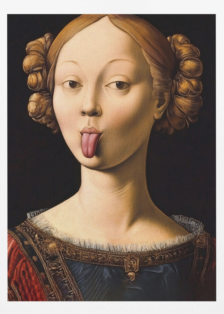 A Renaissance-style portrait of a woman with elaborate hair buns sticking her tongue out playfully. She wears a formal red and blue gown with gold trim against a stark black background. Poster